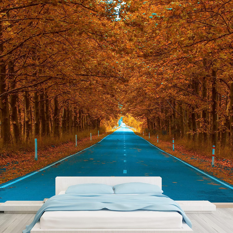 Murale route à travers les arbres de la forêt d'automne, L 100 po x l 144 po