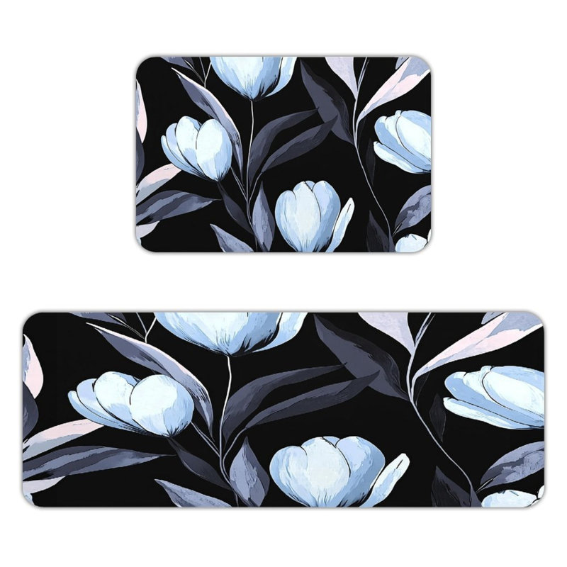 Light Blue Tulip Pattern, 2 Pcs Non Slip Kitchen Mats