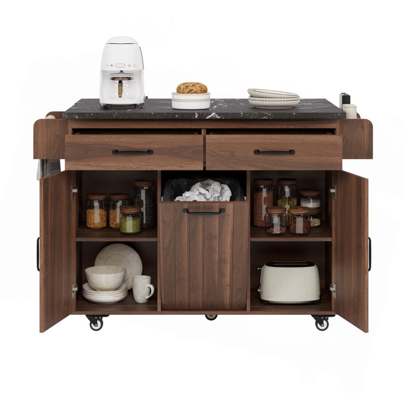 Îlot de cuisine avec armoire de rangement pour poubelle, tablette réglable, abattant, support à épices, porte-serviettes et tiroir