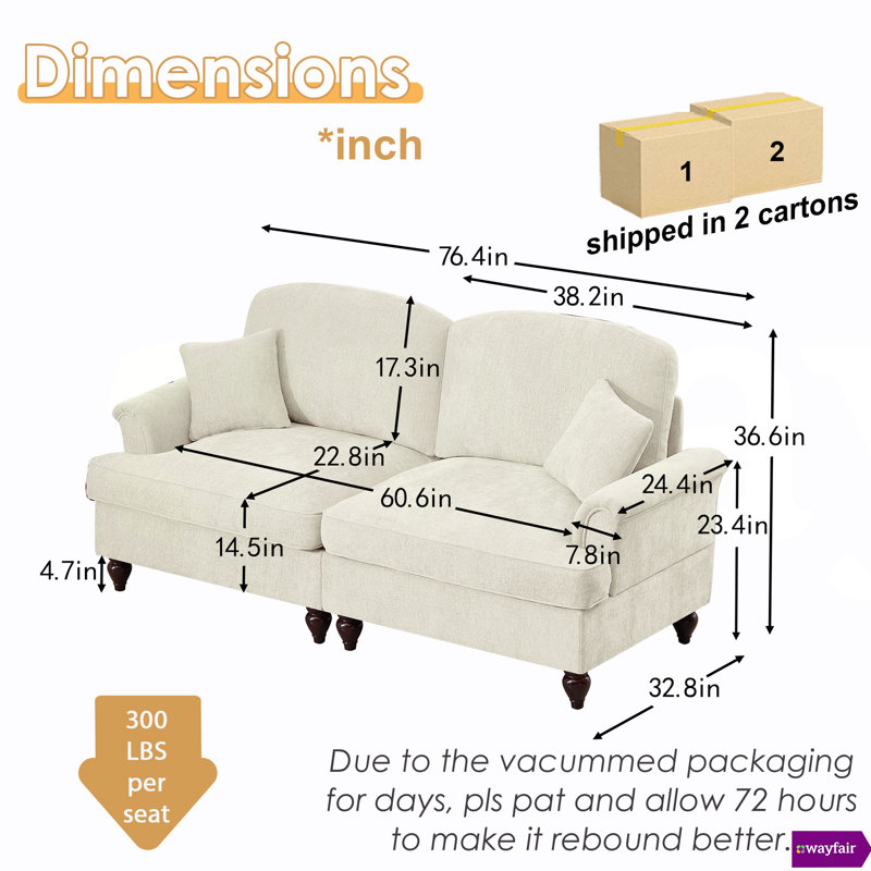Louai 76.4"W Oversized Large Comfy Chenille Two Seater Sofa Couch with Removable Ruffles Pleats Skirts and Spindle Legs
