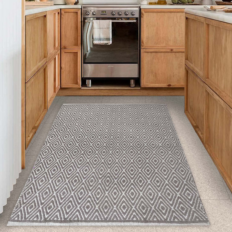 Tapis gris-beige en coton tissé à plat à la main à motif géométrique Siggers, Rectangle 3 pi x 5 pi, Beige grisâtre / blanc
