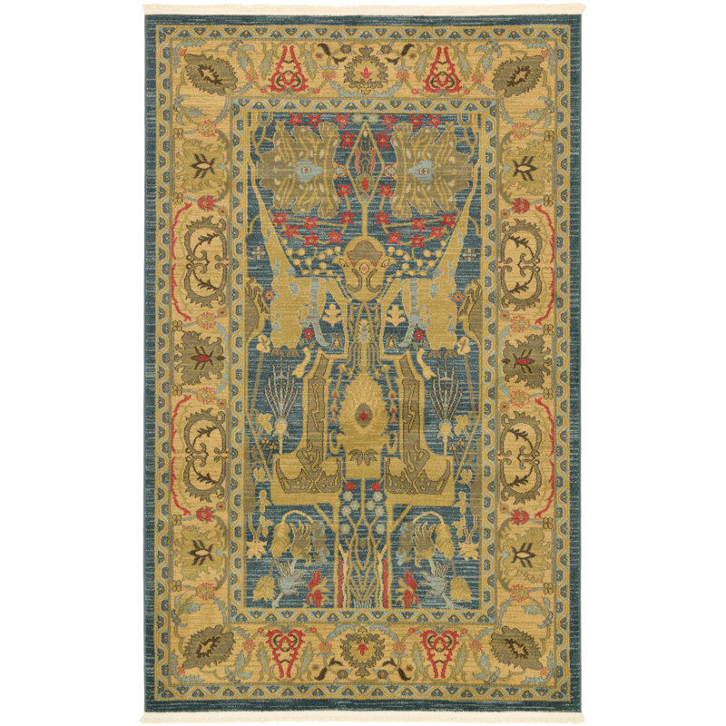 Tapis bleu / jaune Lerma, Rectangle 5 pi 1 po x 8 pi