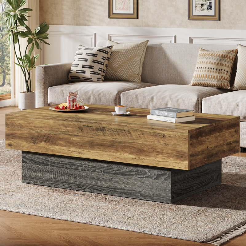 55" Rrustic Brown Wood Coffee Table with Base, Brown/Gray