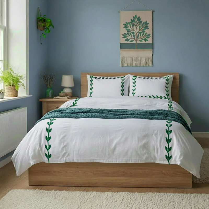 Layered Leaf Applique Cotton Duvet Cover Set, Oversize King Duvet Cover, White/Green