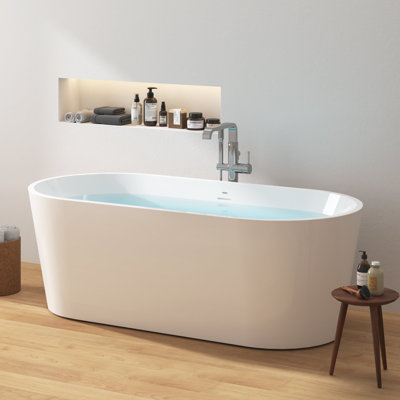 FerdY Shangri-La 67" Acrylic Freestanding Bathtub, Modern White Classic Oval Shape Freestanding Soaking Acrylic Bathtub, cUPC Certified, Matte Black Drain and Classic Slotted Overflow