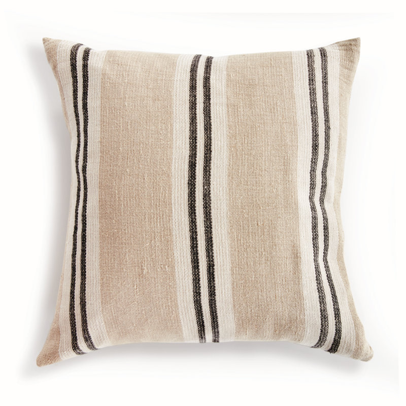 Finn Linen Throw Square Pillow Cover & Insert, Square 24" x 24", Flax/Charcoal Striped 1