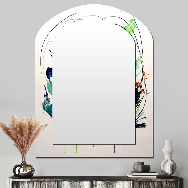 Décoration miroir verte et blanche à l'encre abstraite III - arche verte, 43 po x 33 po