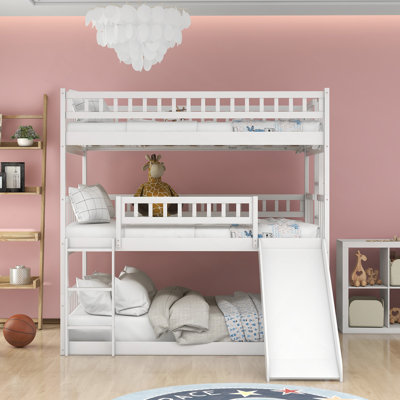 Full-Over-Full-Over-Full Triple Bed With Built-In Ladder And Slide , Triple Bunk Bed With Guardrails, White