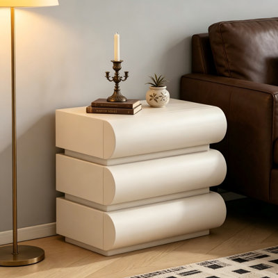 Cream Wavy 3-Drawer No Assembly Nightstand, Modern Upholstered Leather Bedside Table