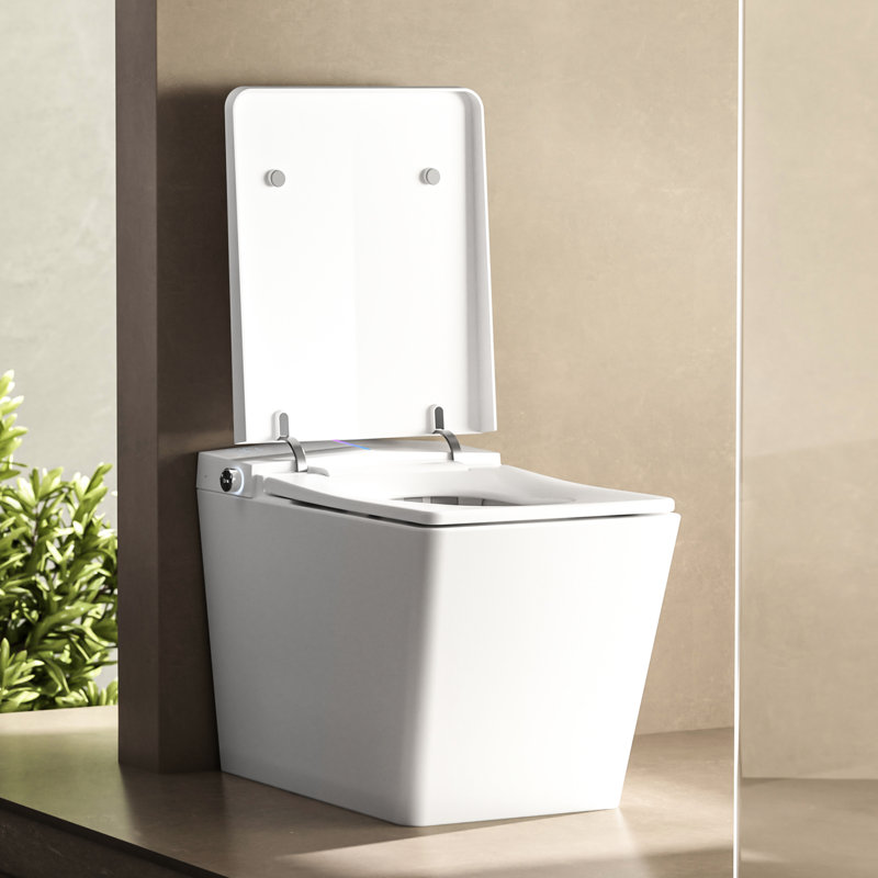 Modern Bathroom Square Smart Toilet With Attached Tank - Remote-Controlled, Auto-Flush, Heated Seat, Led Monitor, User Tailored Choices, White Hue Built-In For Bath Remote Command, Auto Flush