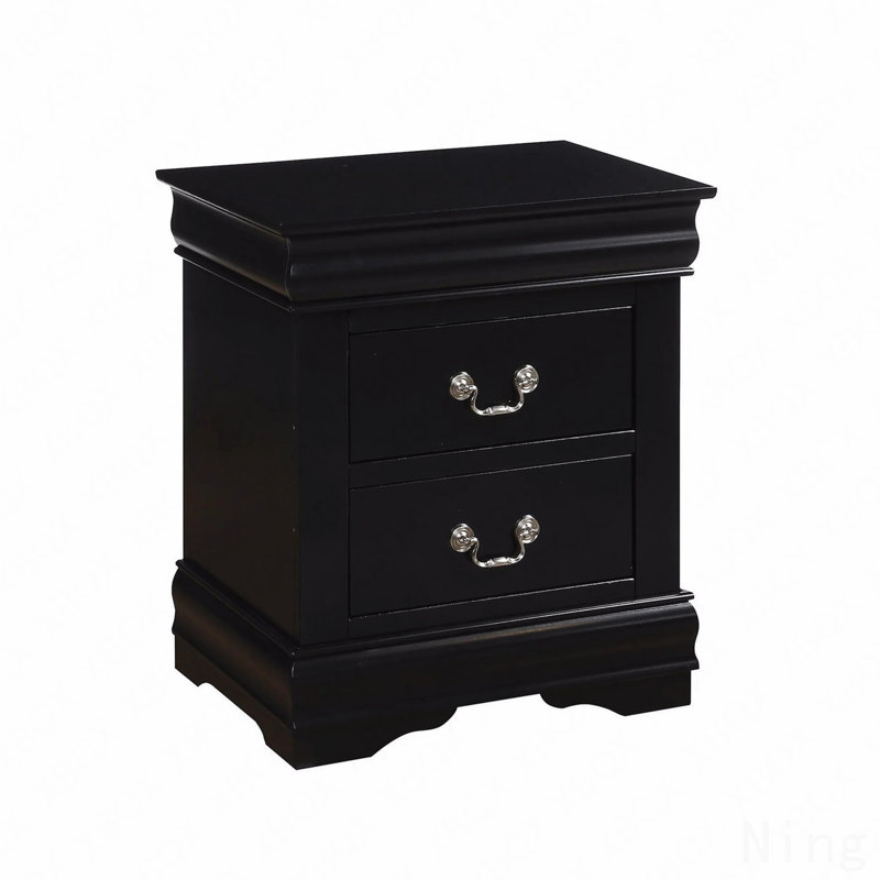 Table de chevet en pin massif avec 2 tiroirs au fini noir, Noir