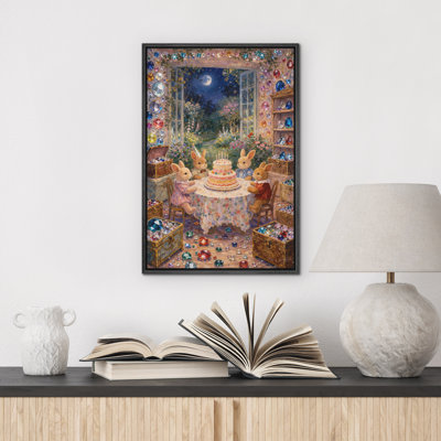 «Enchanted Bunny Birthday Tea Party Moonlit Garden Fantasy Decor», reproduction d'art sur toile encadrée dans la chambre principale