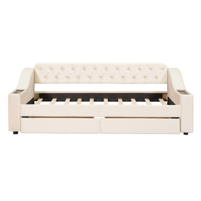 Twin Daybed With Port And Armrest Storage In Beige Covering , Upholstered Finish