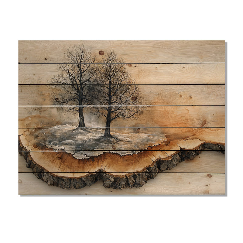 Arbre 4 saisons dans un paysage de forêt II - Art mural en bois de forêt - sur bois de pin naturel
