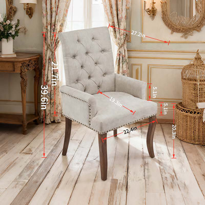 Traditional Upholstered Tufted Arm Dining Chair With Curved Solid Wood Legs