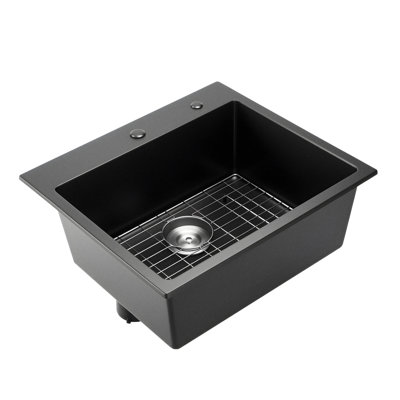 Single Bowl 25 Inch Drop - In Granite Kitchen Sink For Rv Bar, Black Quartz Blend, Non Porous Finish, Easy Maintenance, Multi Part Kit With Grid Noise Reduction And Drain Debris Catch, Space Saving