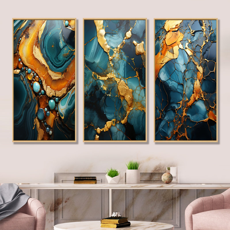Or et vert topaze agate granit I - ensemble de 3 reproductions d'art sur toile abstraites, Cadre flottant brun