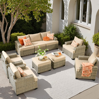 9 - Person Patio Furniture Set with Chairs, Outdoor Wicker Rattan Sectional Seating Group with Cushions, All Weather Sofa Conversation Set with Ottomans for Garden Backyard