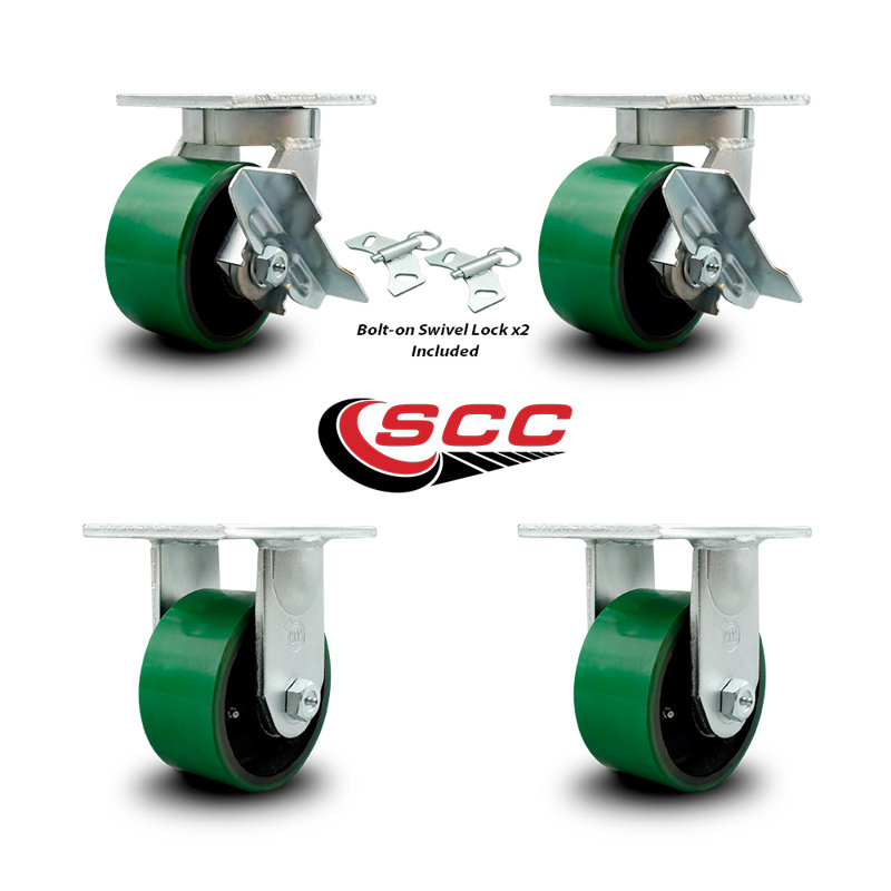 Ensemble de roulettes robustes en poly sur métal 2 verrous pivotants / freins 2 rigides
