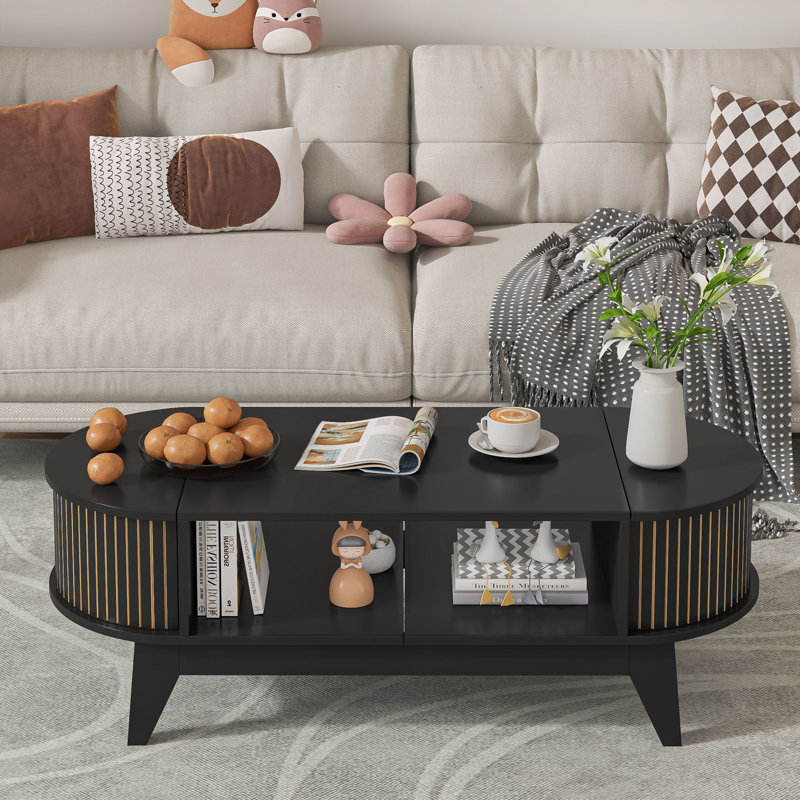 Black Oval MDF Coffee Table with Fluted Storage