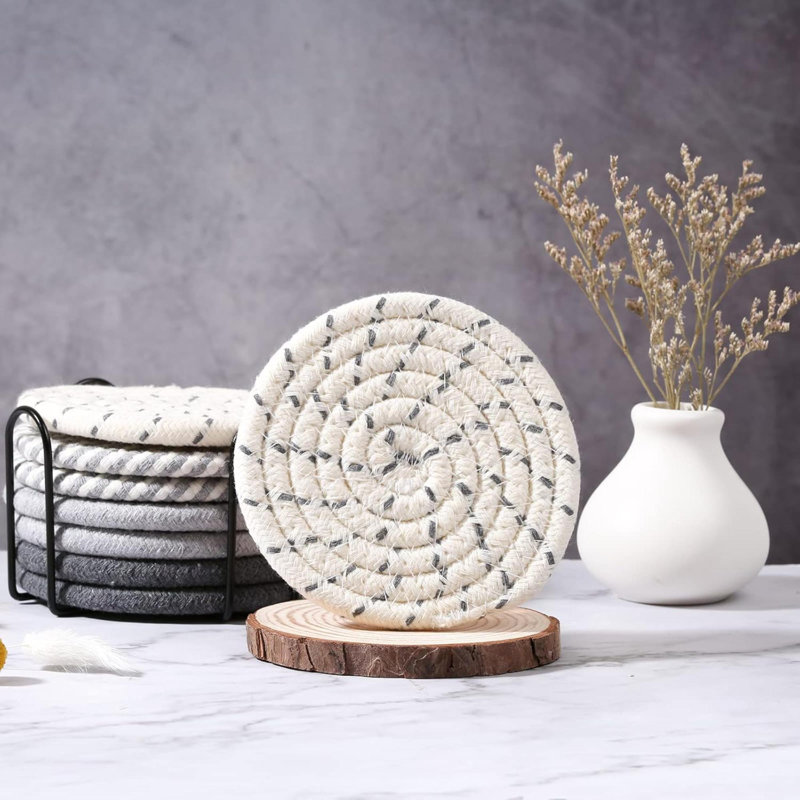 8 Pcs Drink Coasters With Holder, 4 Colors  Coasters, Minimalist Cotton Woven Coaster Set For Living Room Decor, Tabletop Protection Suitable For Kinds Of Cups