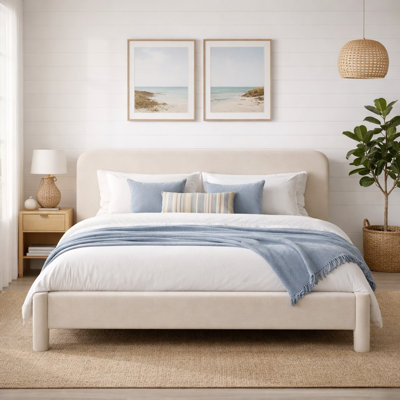 Reigen Curved Headboard Upholstered Platform Bed With Soft Rounded Corners,Beige,King
