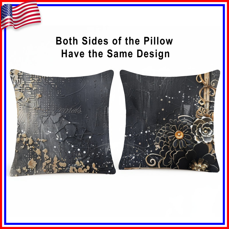 Coussin Floral, Carré 20 po, Noir / abstrait