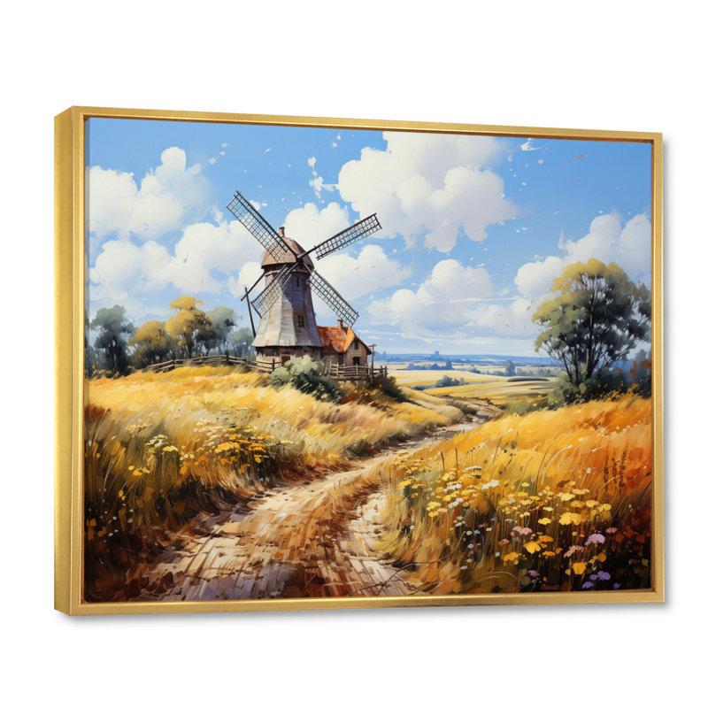 Mill Wind Pastoral Symphony, reproduction d'art sur toile, H 34 po x l 44 po x P 1,5 po, Cadre flottant doré