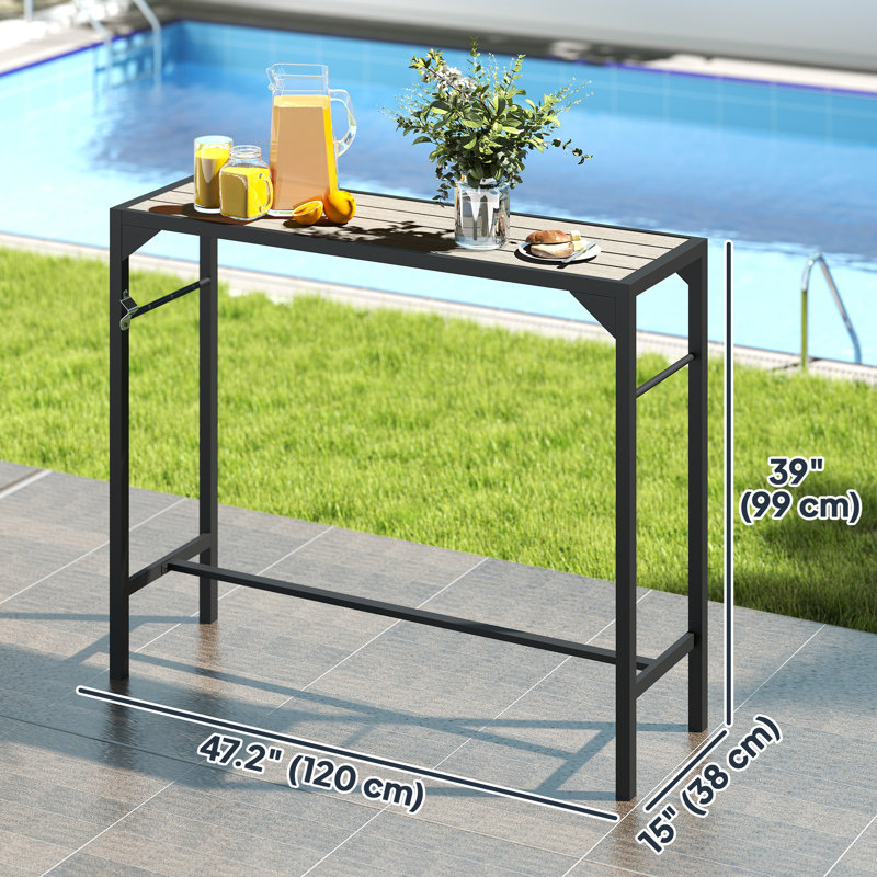 Rinard Outsunny 47" Outdoor Bar Table, Bar Height Patio Table with Built-In Bottle Opener and Steel Frame, Garden Table with Plastic Board Featuring Wood Grain Effect, Light Brown