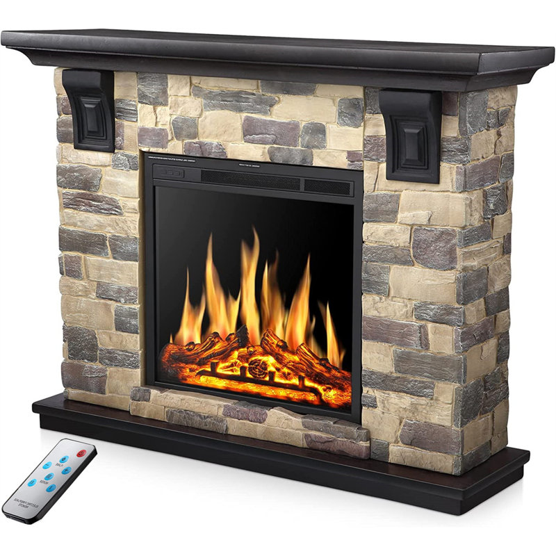 Aralene 50.6''W Faux Stone Fireplace with TV Stand Heater,7 Flame Brightness Settings,Remote Control