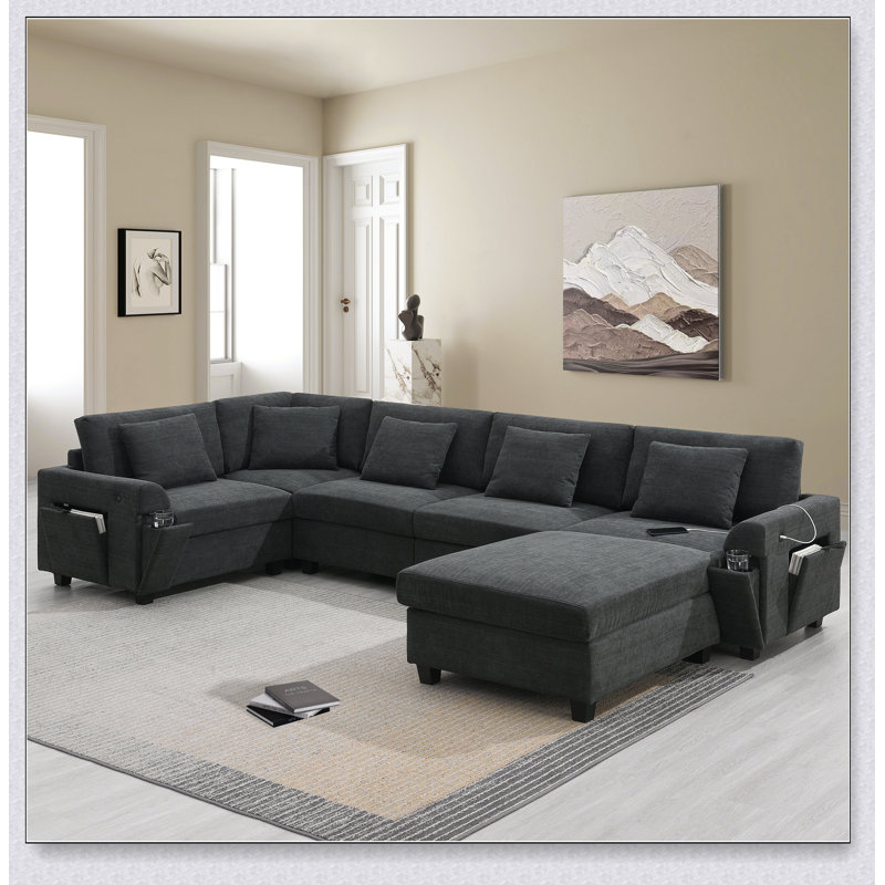 Ensemble de canapé modulaire en forme de U 128 x 67, canapé en chenille 6 places avec repose-pieds surdimensionné pour plus de confort et de style