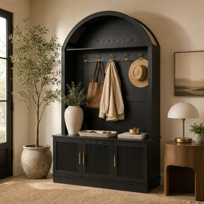 46.4" Arched Hall Tree with Bench, Farmhouse Entryway Mudroom Storage with Fluted Doors, 5 Metal Coat Hooks and Adjustable Shelves, Drop-Zone Organizer