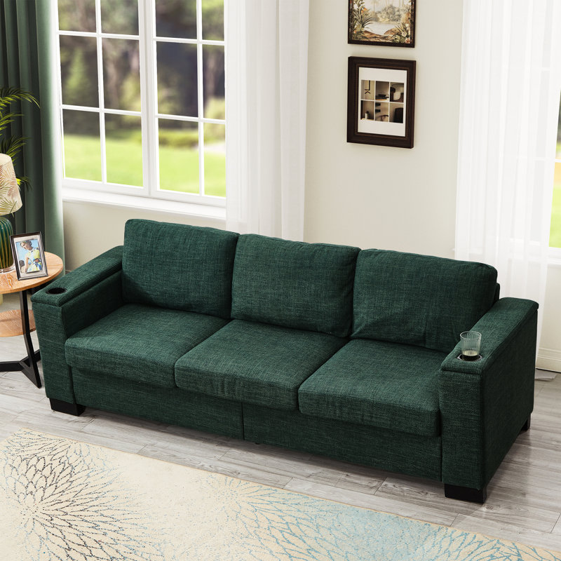 93,7 po moderne à 3 places avec accoudoirs carrés, porte-gobelet, rangement, coussin à ressorts hélicoïdaux et housse démontable, compartiment de rangement stable en bois massif, éponge confortable à haute densité