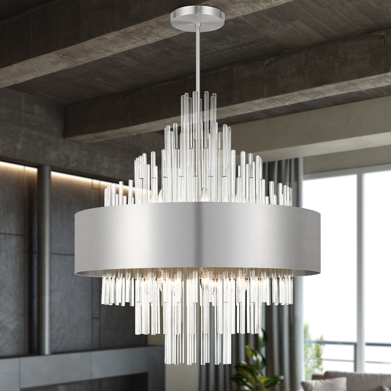 14 - Light Dimmable Drum Chandelier, Brushed Nickel