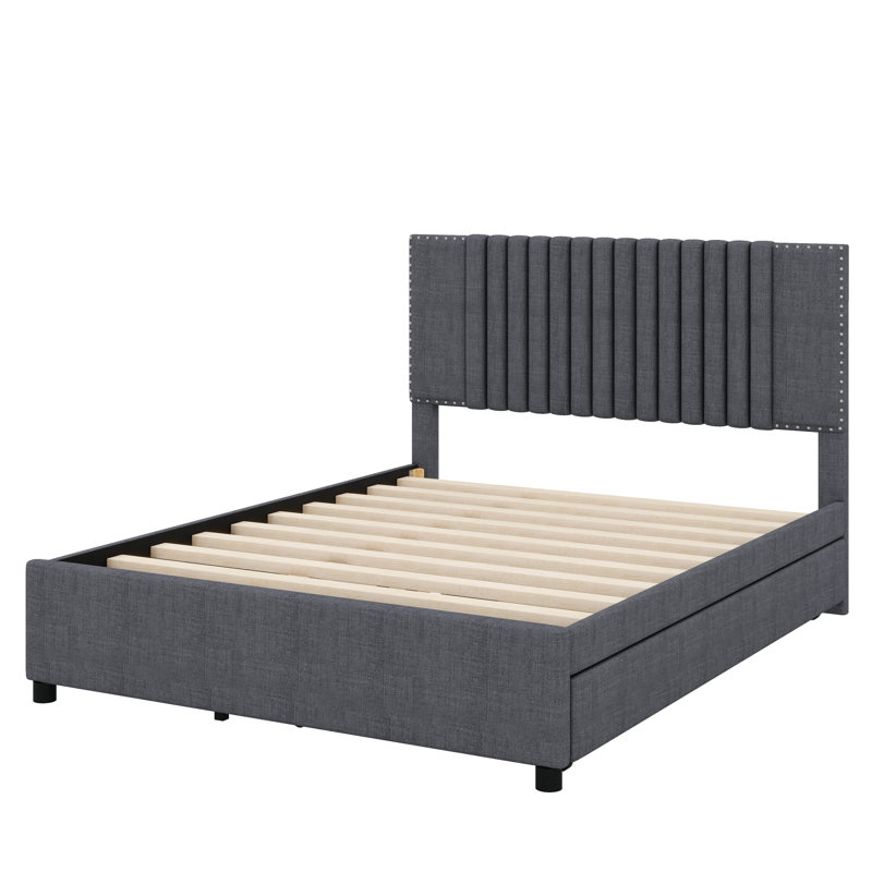 Lit plateforme avec tête de lit rembourrée et 2 tiroirs intégrés, Gris, Full