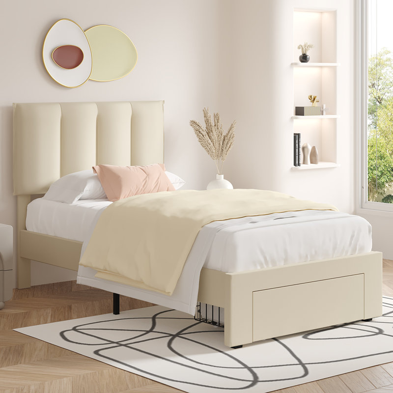 Cahlin Twin Storage Bed Frame With Storage Drawer Twin Only 1 Drawer Upholstered Adjustable Headboard Platform Bed, Beige