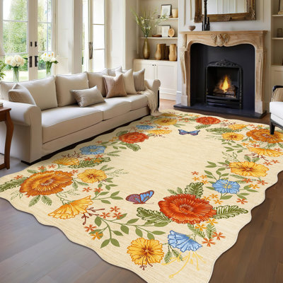 Grand tapis floral festonné 9 x 12 avec tapis antidérapant moderne avec envers antidérapant pour le salon, tapis botanique jaune, tapis fin à poils courts, tapis doux pour l'intérieur, tapis pliable imprimé pour la chambre à coucher