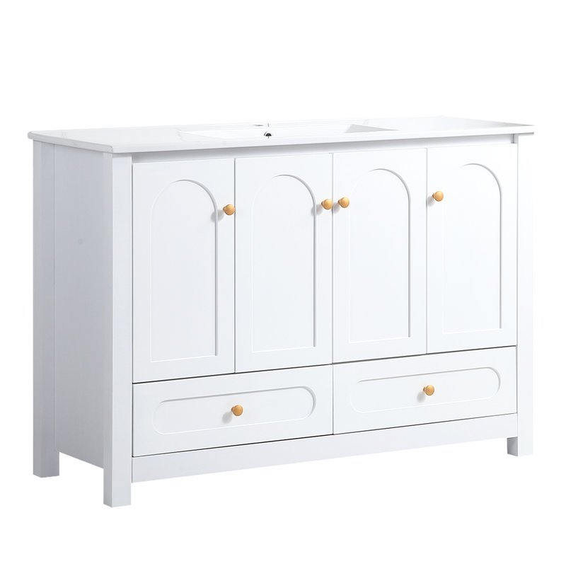 Meuble-lavabo de 48 po en céramique blanche avec armoire de rangement abondante avec 4 portes à fermeture douce et 2 tiroirs en bois massif robuste pour un entretien facile