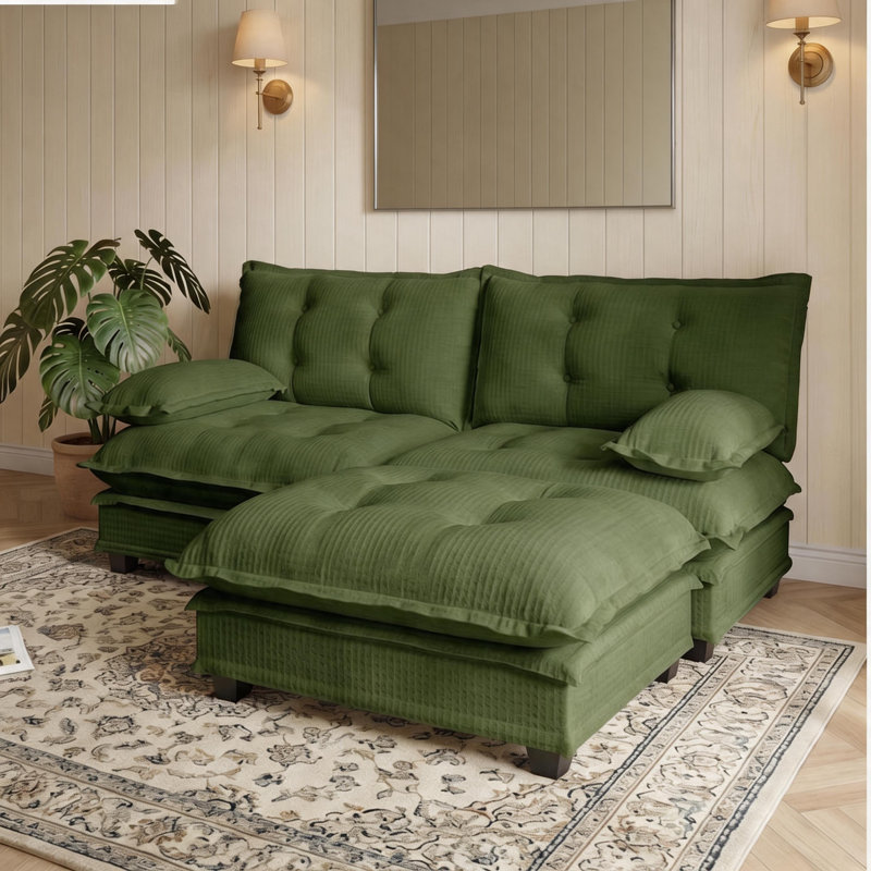 Canapé modulaire en L 77 po avec repose-pieds et siège profond L 77 po, Green Chenille, 35.4" H x 77" W x 33.8" D