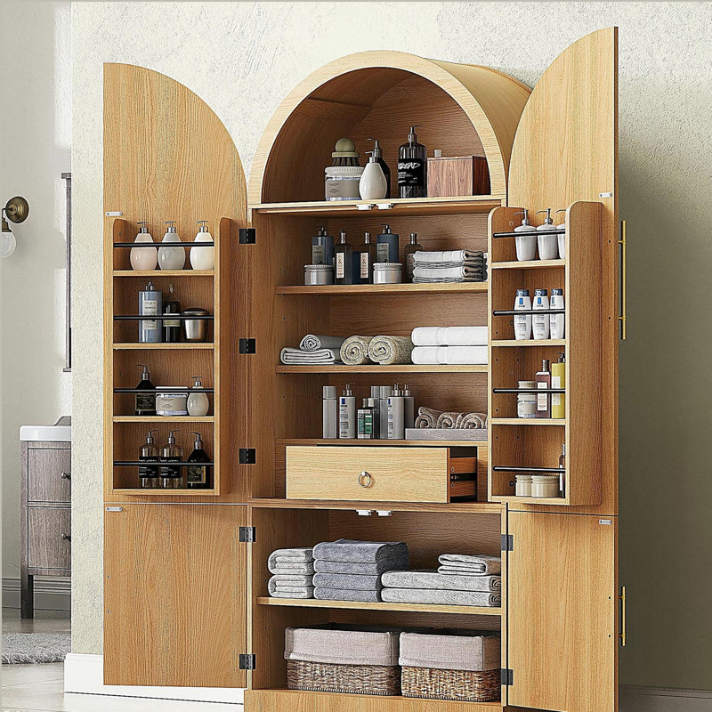 Grand garde-manger arqué de 72 po avec 8 tablettes de porte, armoires de rangement cannelées avec 3 tablettes réglables, tiroir caché, armoire polyvalente
