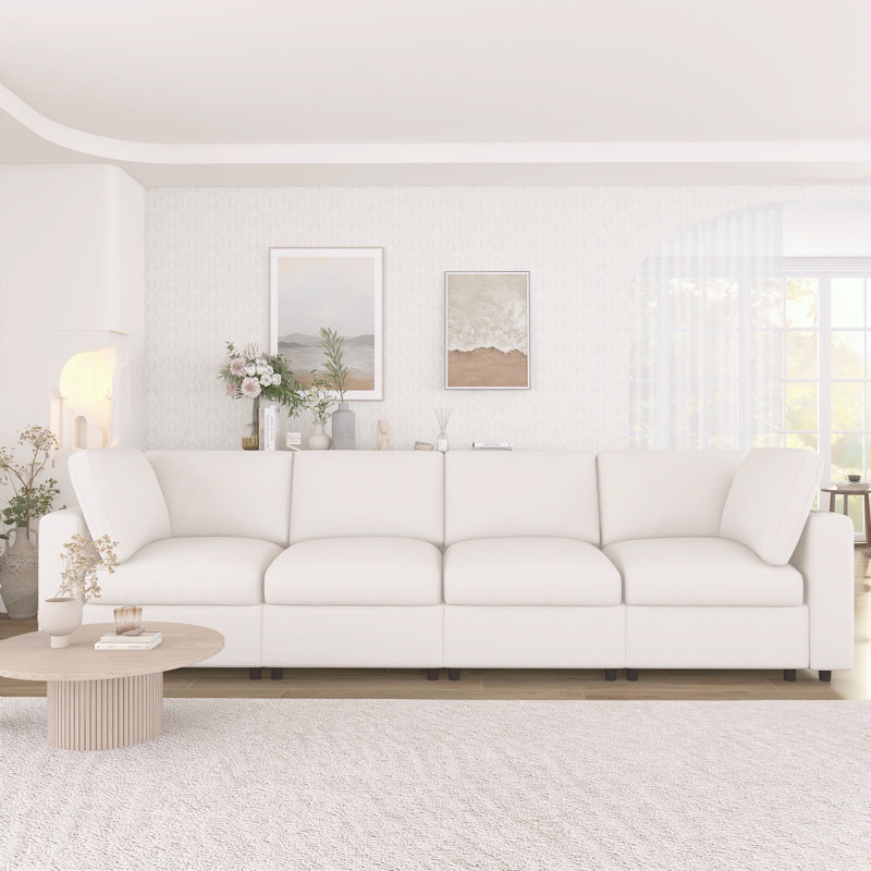 113" Unholstered Sectional Sofa- Storage, Charging & Bluetooth, Beige