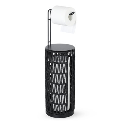 Freestanding Toilet Paper Holder with Storage, 3 Rolls of Tissue Holder for Bathroom, Handmade Woven Toilet Paper Roll Holder Stand, Rattan Sturdy Boho Bathroom Decor Farmhouse Toilet Paper Storage, (Black)