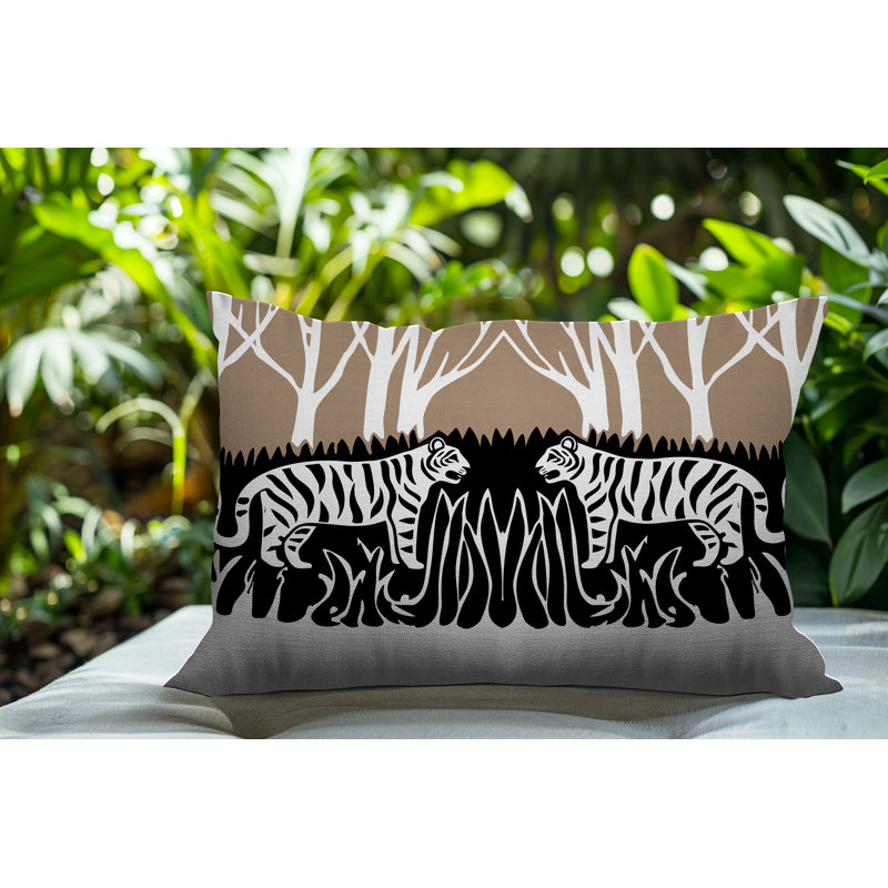 Oreiller rectangulaire réversible intérieur / extérieur Maka Tiger, Beige, H 20 po x l 14 po