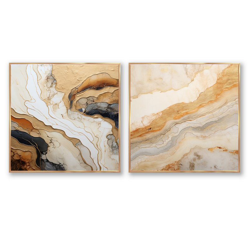 Or et blanc Marble River - ensemble de 2 collages carrés abstraits en marbre, Cadre flottant doré, H 30 po x l 61 po