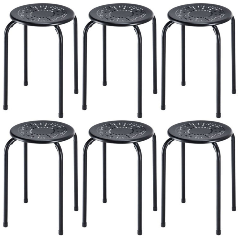 6-Pack Stackable Multifunctional Daisy Design Backless Round Metal Stool Set, Black