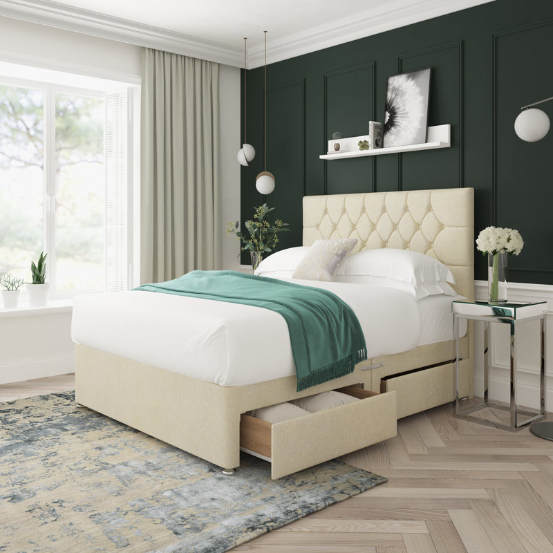 Upholstered Bed, Cream, Small Single (2'6), Left Side Drawers
