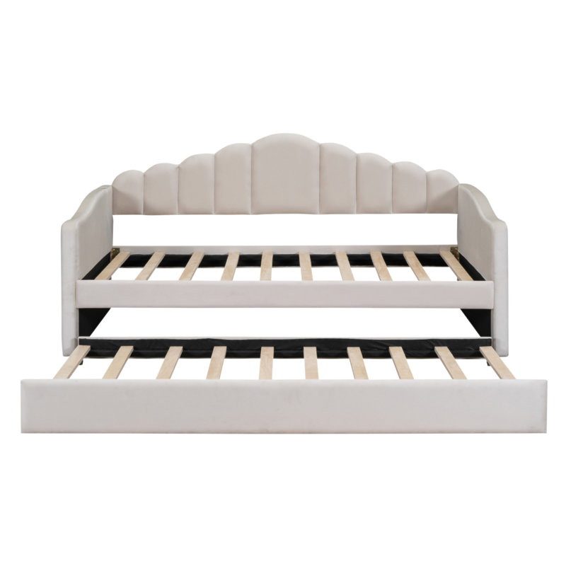 Lit de jour simple en velours rembourré avec couchette et chargement USB, aucun sommier requis, Beige