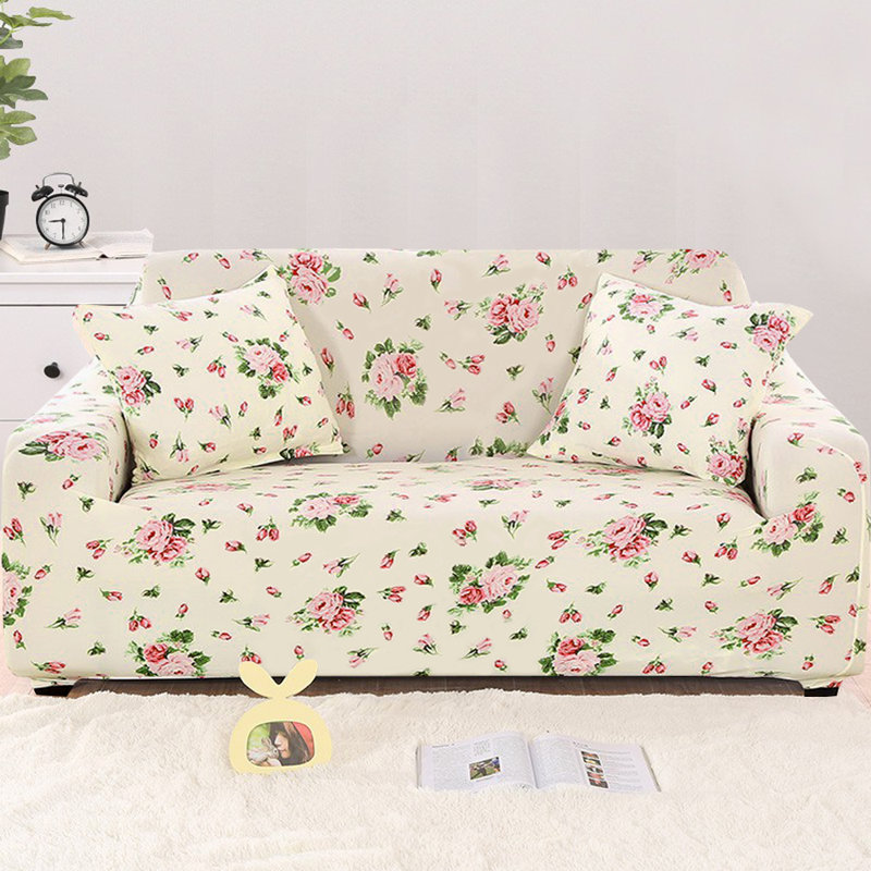 Housse pour canapé extensible 3 places, Mélange de polyester à fleurs roses, H 45 po x l 90 po x P 30 po