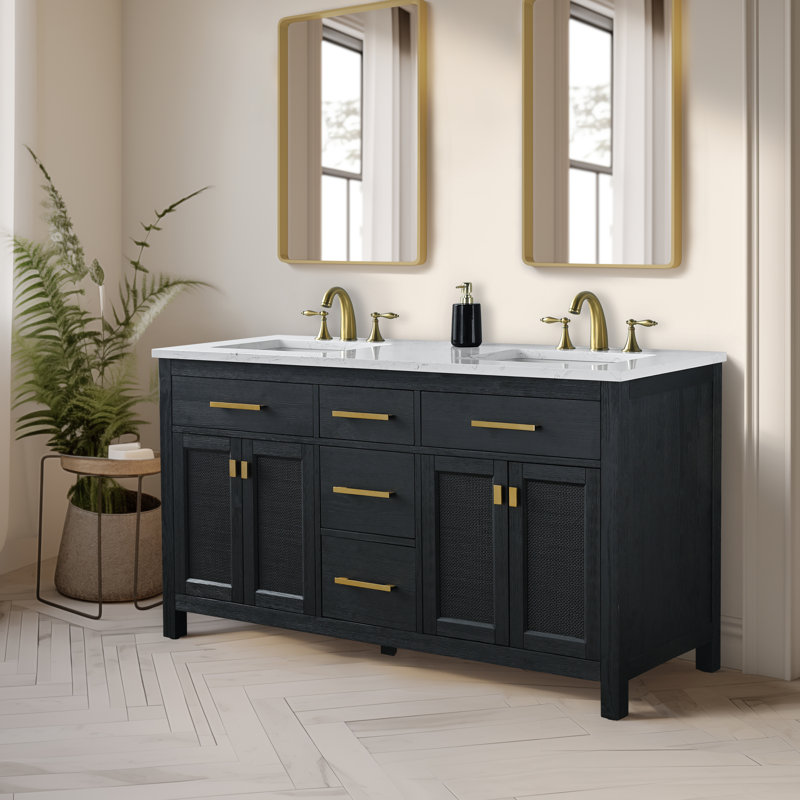 Meuble-lavabo double 60 po avec plateau en pierre Marquist, Noir