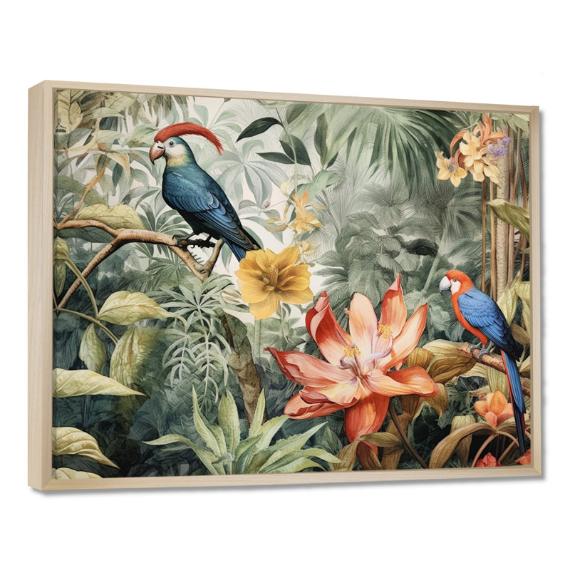 Perroquet au paradis II - Art encadré, H 34 po x l 44 po x P 1,5 po, Cadre flottant érable
